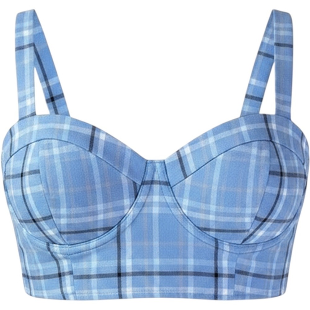 Hesperis Blue Plaid Bustier Crop Top Sweetheart Neckline Size L